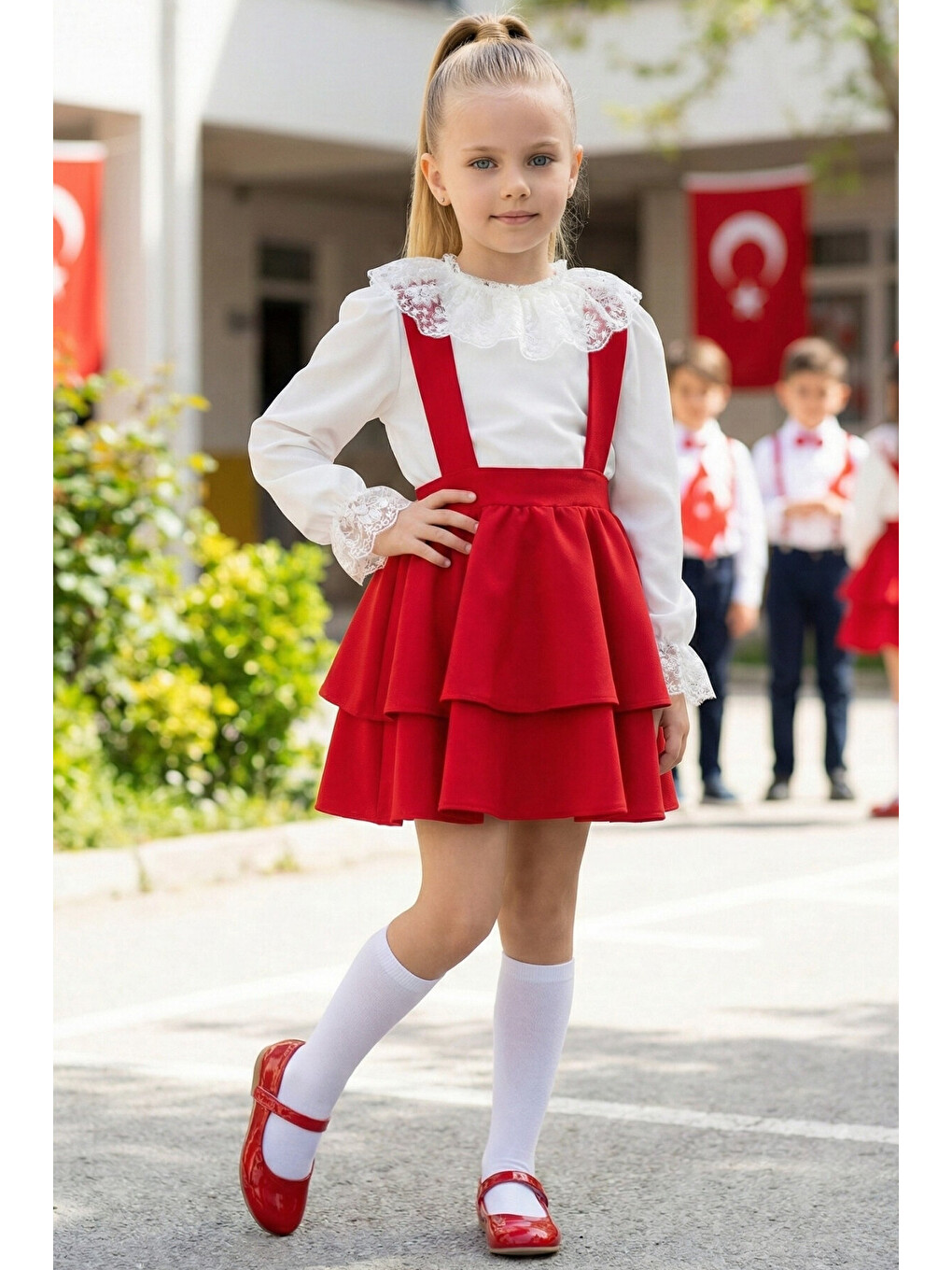 Kız Çocuk Kırmızı Helen Askılı Elbise Ekru Dantelli Uzun Kollu Bluz Takım 29 Ekim Gösteri Kıyafeti-1