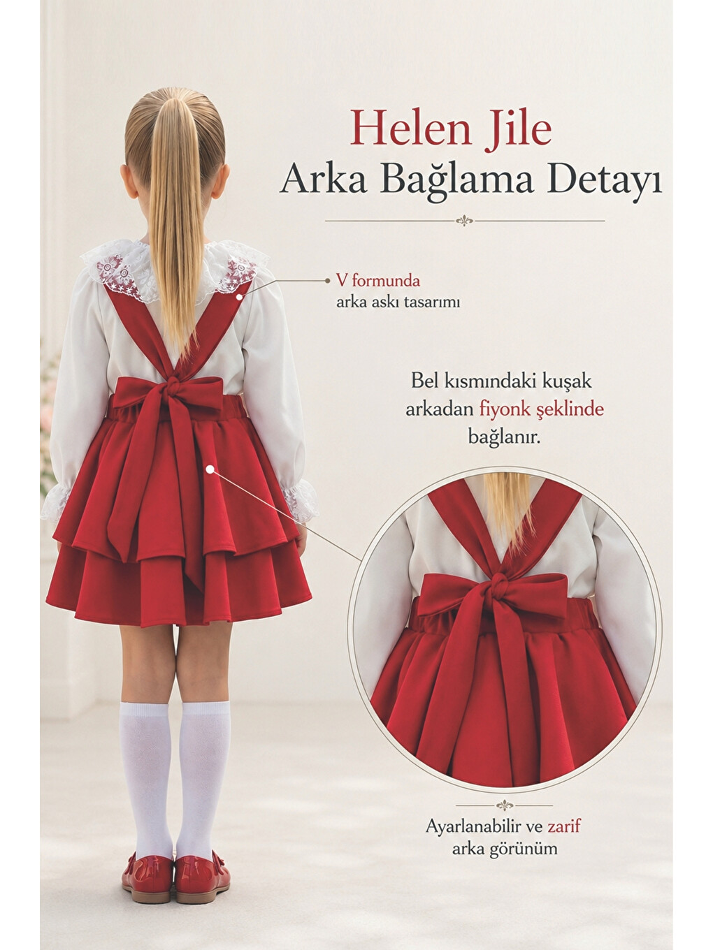 Kız Çocuk Kırmızı Helen Askılı Elbise Ekru Dantelli Uzun Kollu Bluz Takım 29 Ekim Gösteri Kıyafeti-6