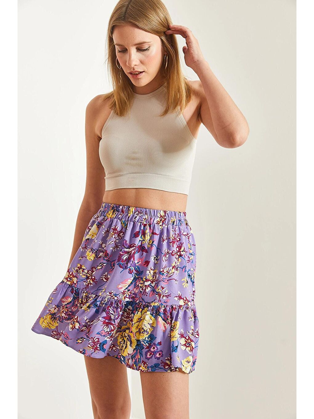 Lila Kadın Multi Desenli Viskon Mini Etek-2