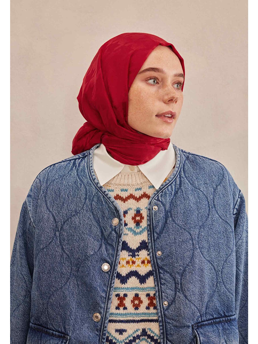 Kazayağı Jakarlı Şal Kırmızı-3