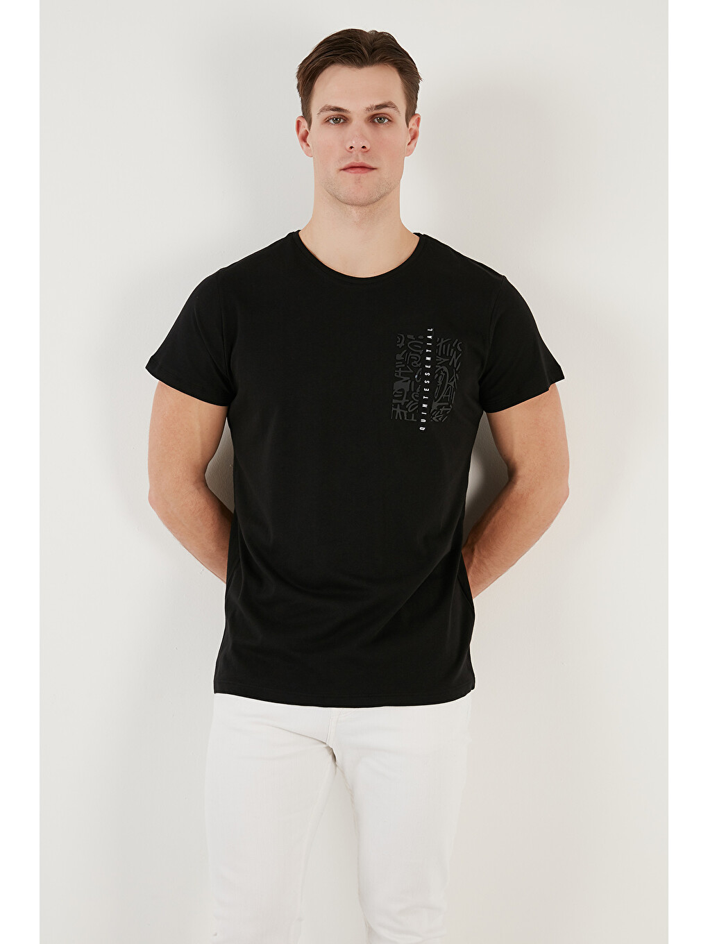 Siyah Bisiklet Yaka %100 Pamuk Slim Fit Tişört-2