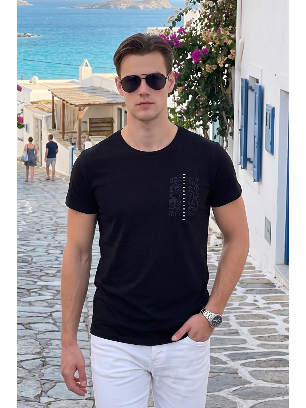 Siyah Bisiklet Yaka %100 Pamuk Slim Fit Tişört-1