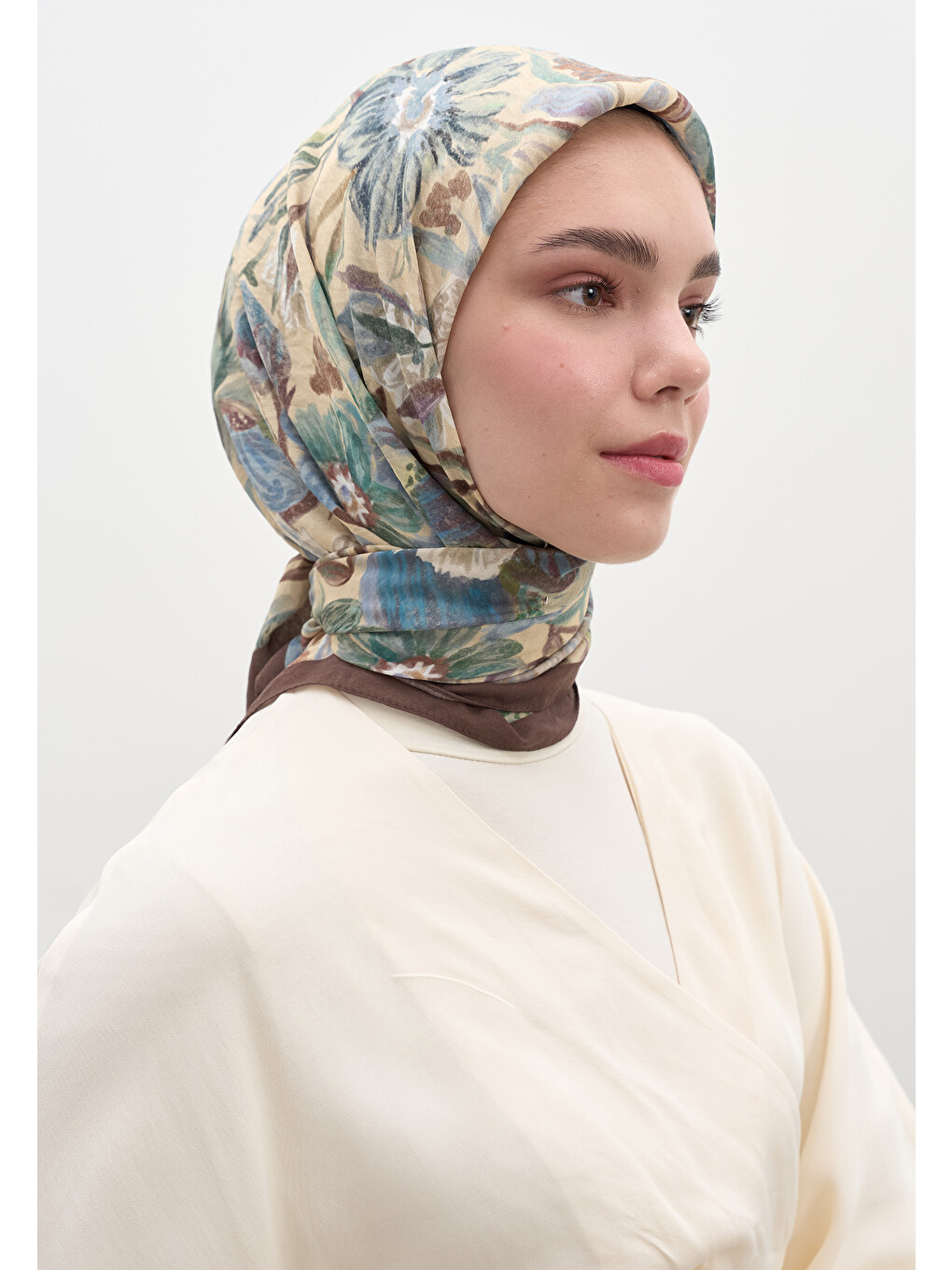 Sarı Vintage Garden Desen Pamuklu Viskon Eşarp Fındık Kabuğu-3