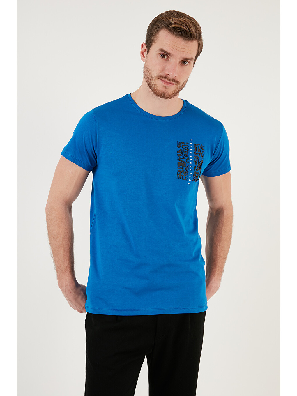 Lacivert Bisiklet Yaka %100 Pamuk Slim Fit Erkek Tişört 541quınt-1