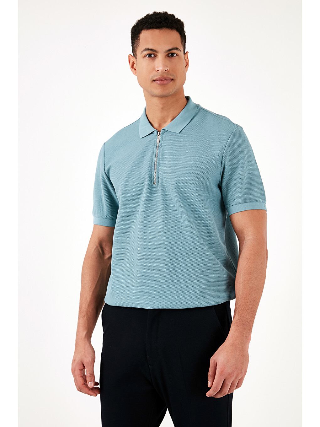 Mavi Pamuklu Regular Fit Fermuarlı Polo Yaka %100 Pamuk Tişört 5902434-1