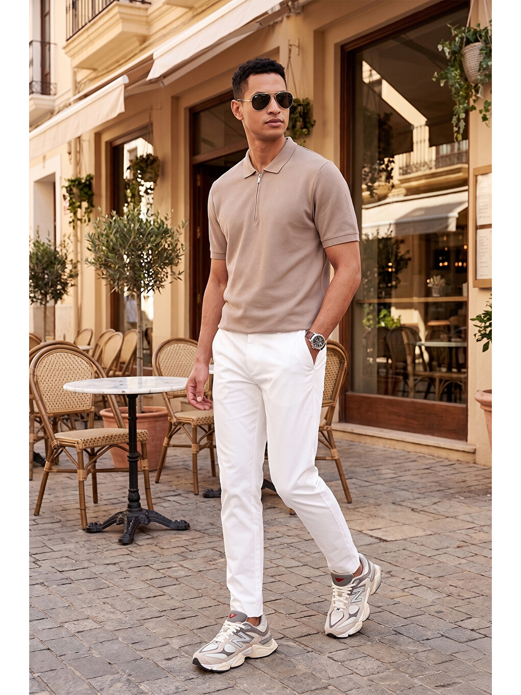 Bej Pamuklu Regular Fit Fermuarlı Polo Yaka %100 Pamuk Tişört 5902434