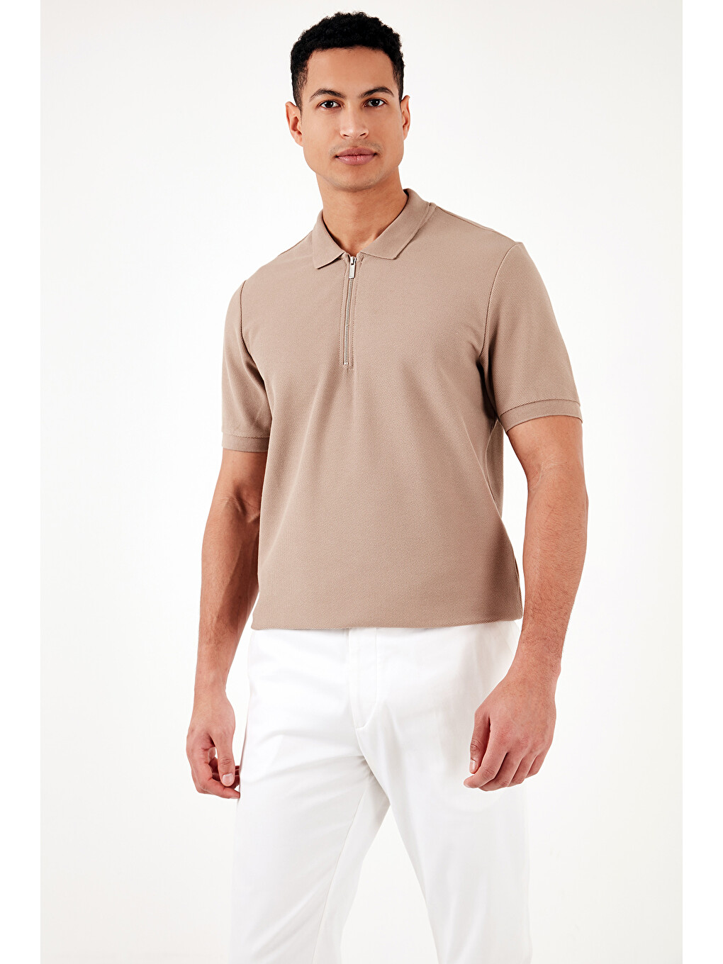 Bej Pamuklu Regular Fit Fermuarlı Polo Yaka %100 Pamuk Tişört 5902434-1
