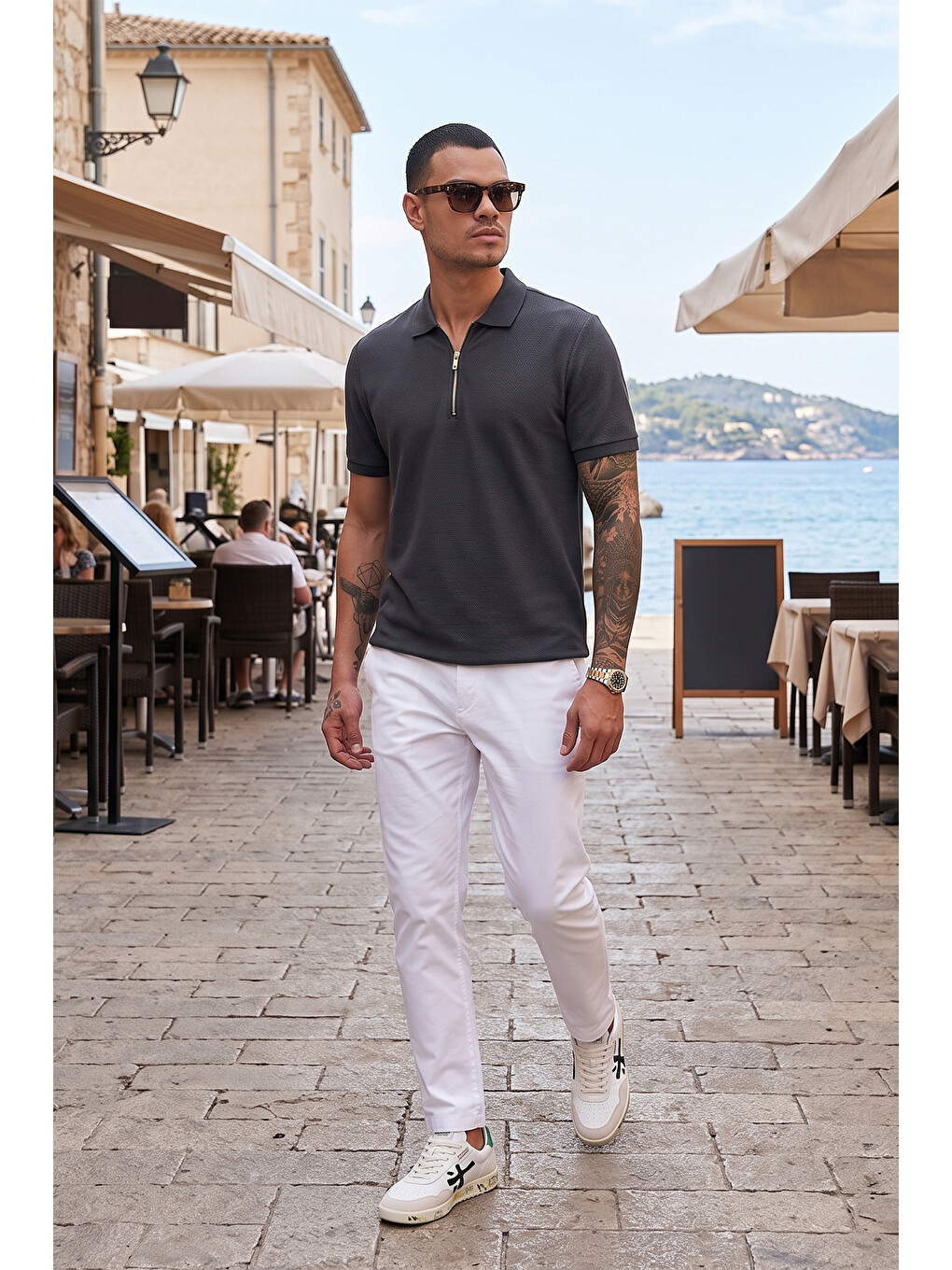 Antrasit Pamuklu Regular Fit Fermuarlı Erkek Polo Yaka %100 Pamuk Tişört 5902434