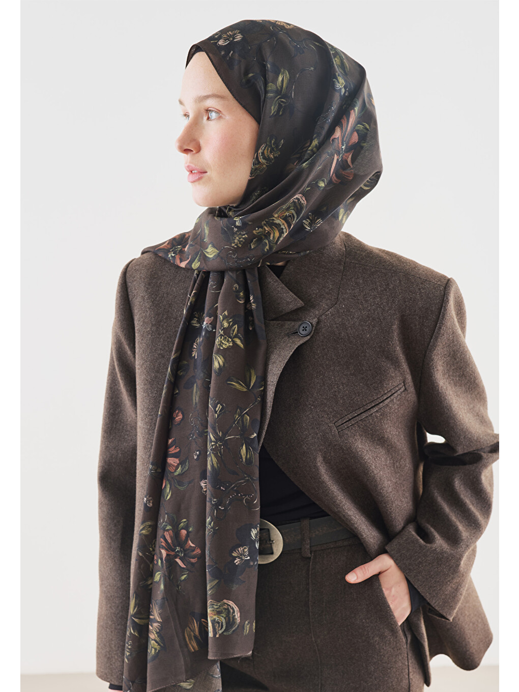 Kahverengi Gisele Desenli Pamuk Viskon Şal Acı Kahve-3