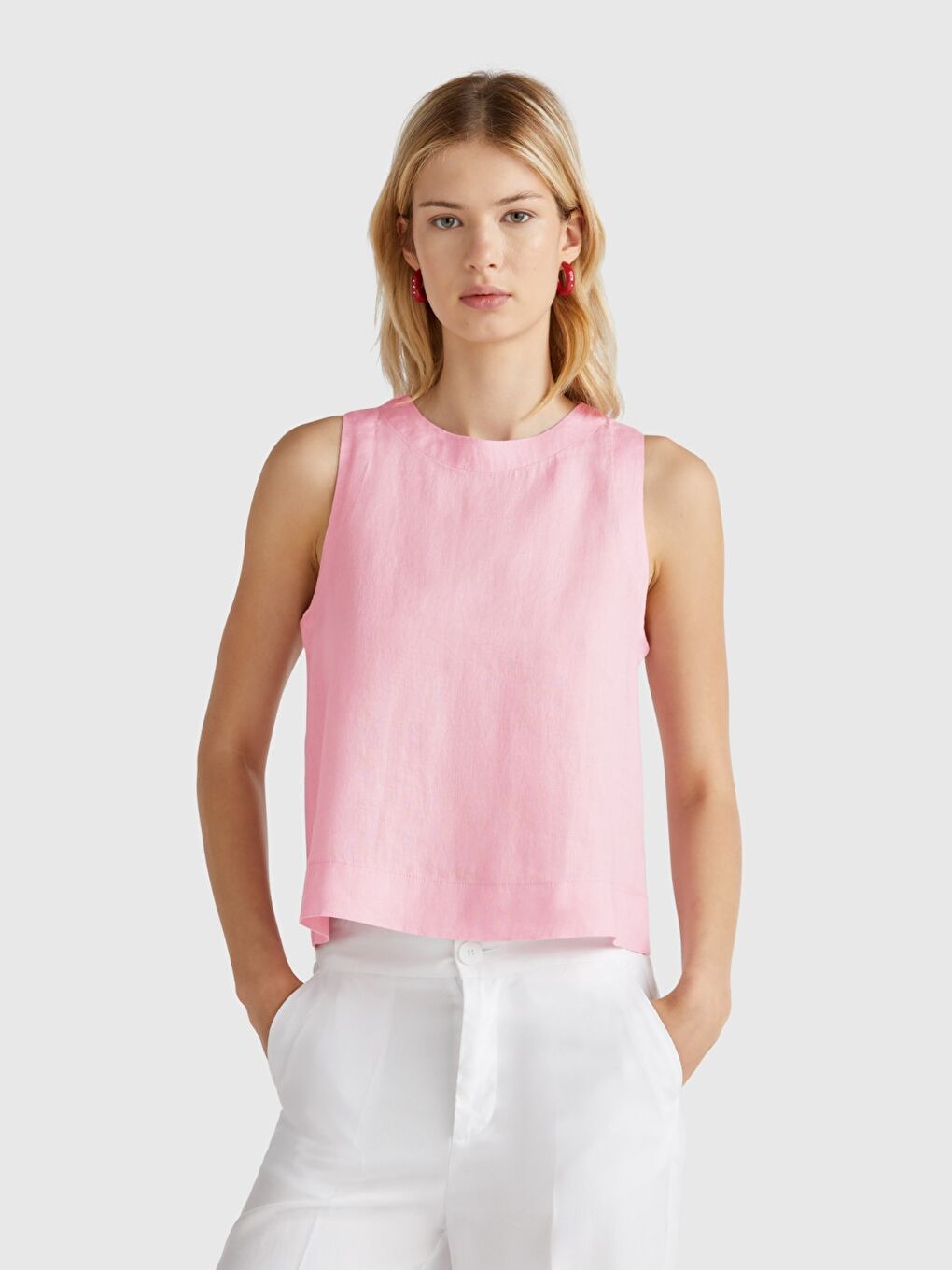 Kadın Pembe %100 Keten Kolsuz Bluz