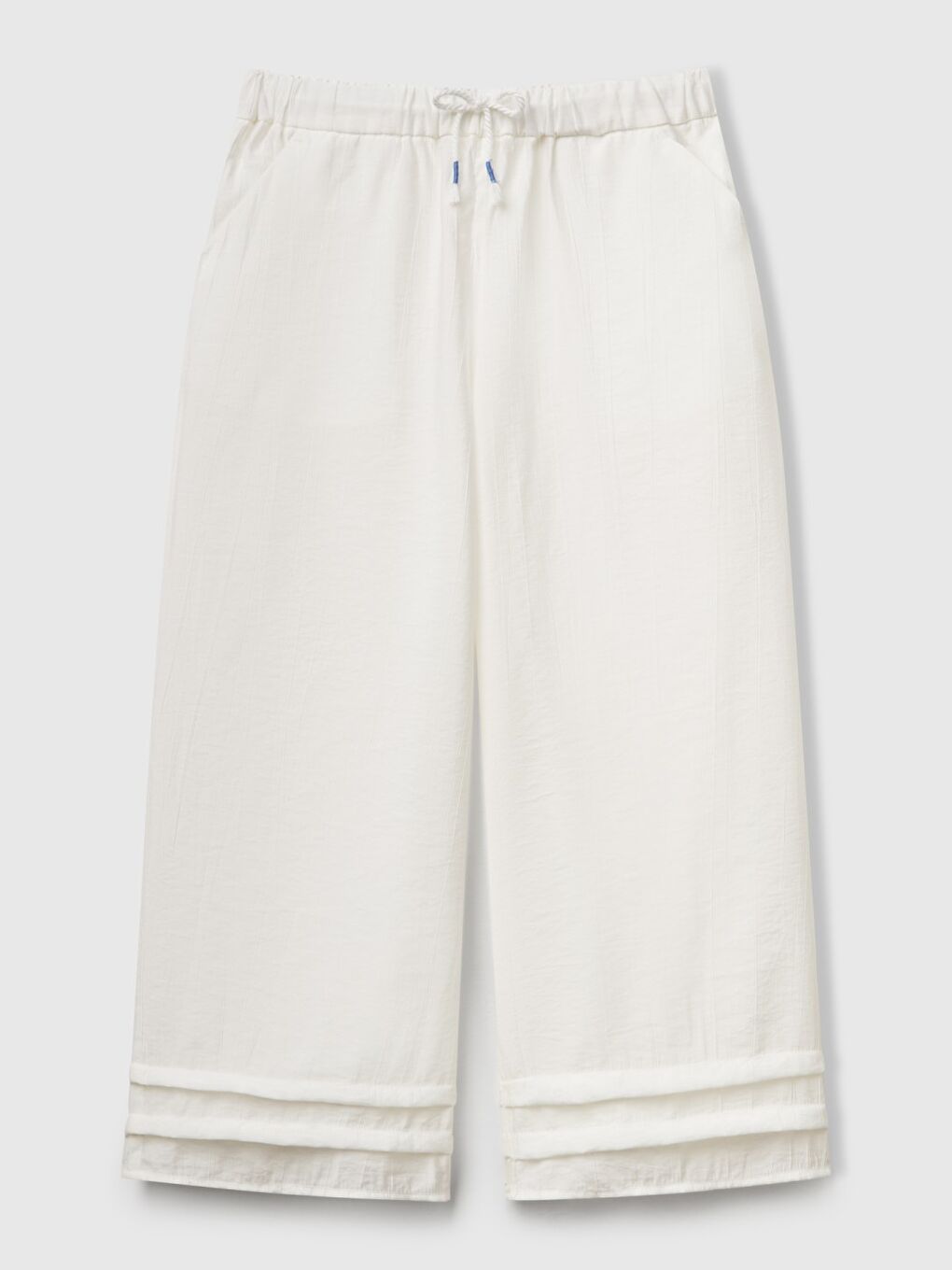 Kız Çocuk Beyaz Viskoz Karışımlı Büzgü İpli Geniş Paça Pantolon