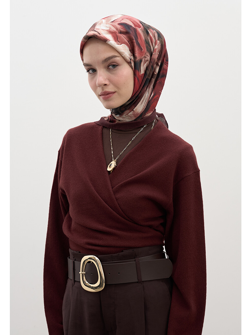 Mıdnıght Floral Desen Pamuklu Viskon Eşarp Bordo