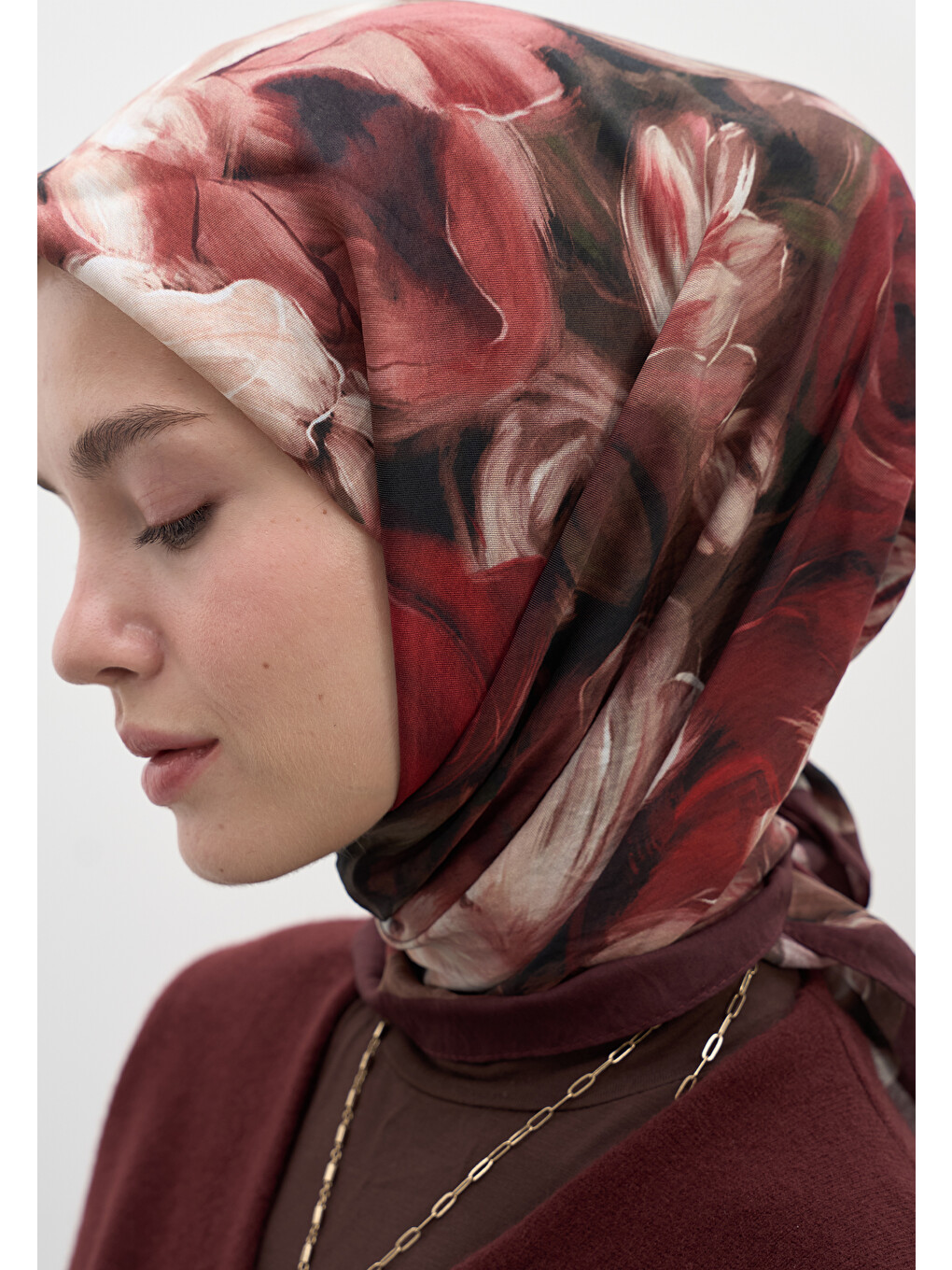 Mıdnıght Floral Desen Pamuklu Viskon Eşarp Bordo-1