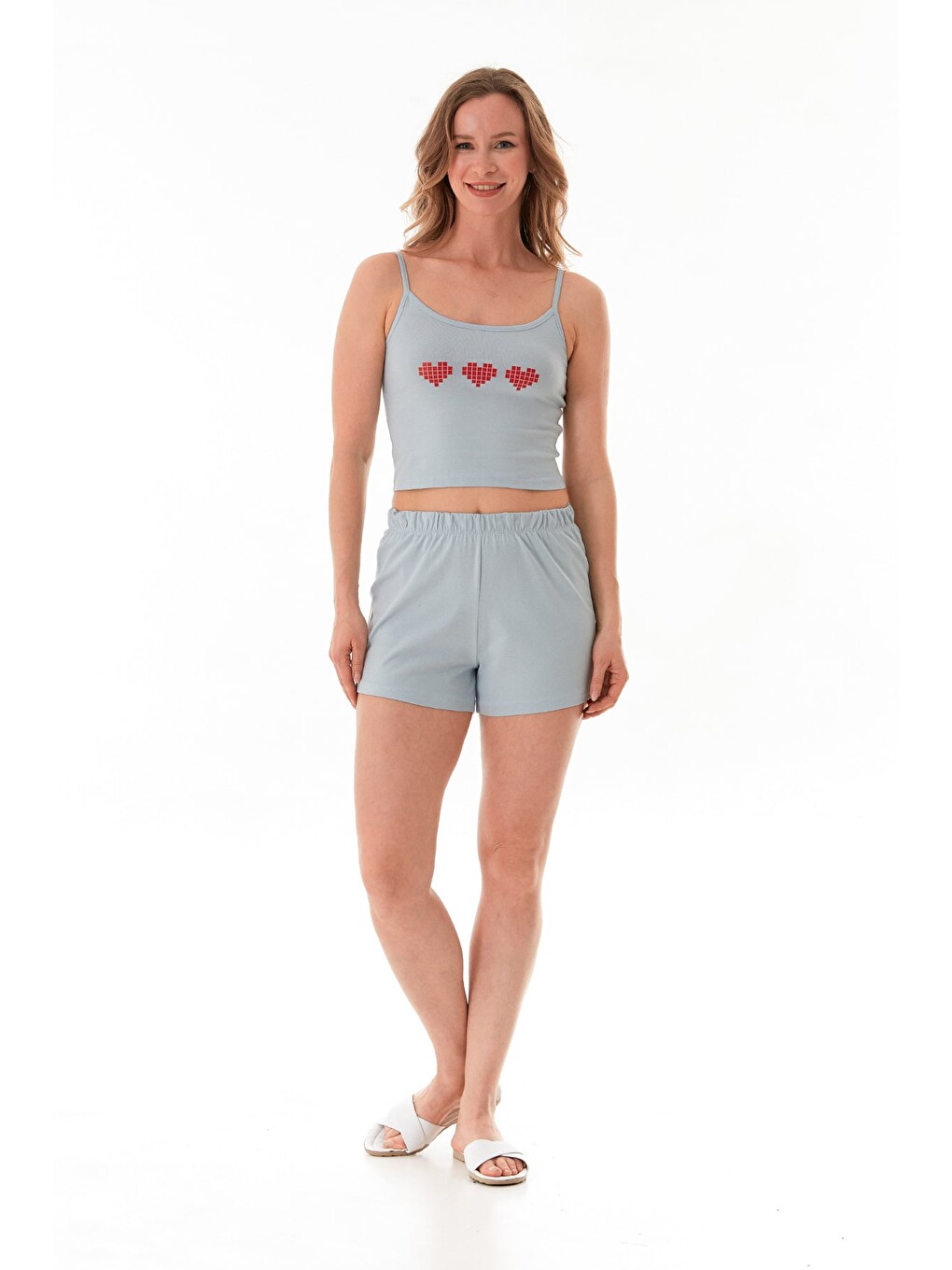 Mavi Kalp Baskılı Askılı Şortlu Pijama Takımı-1