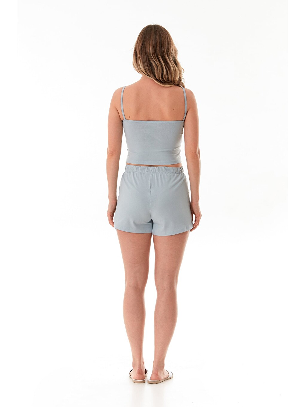 Mavi Kalp Baskılı Askılı Şortlu Pijama Takımı-3