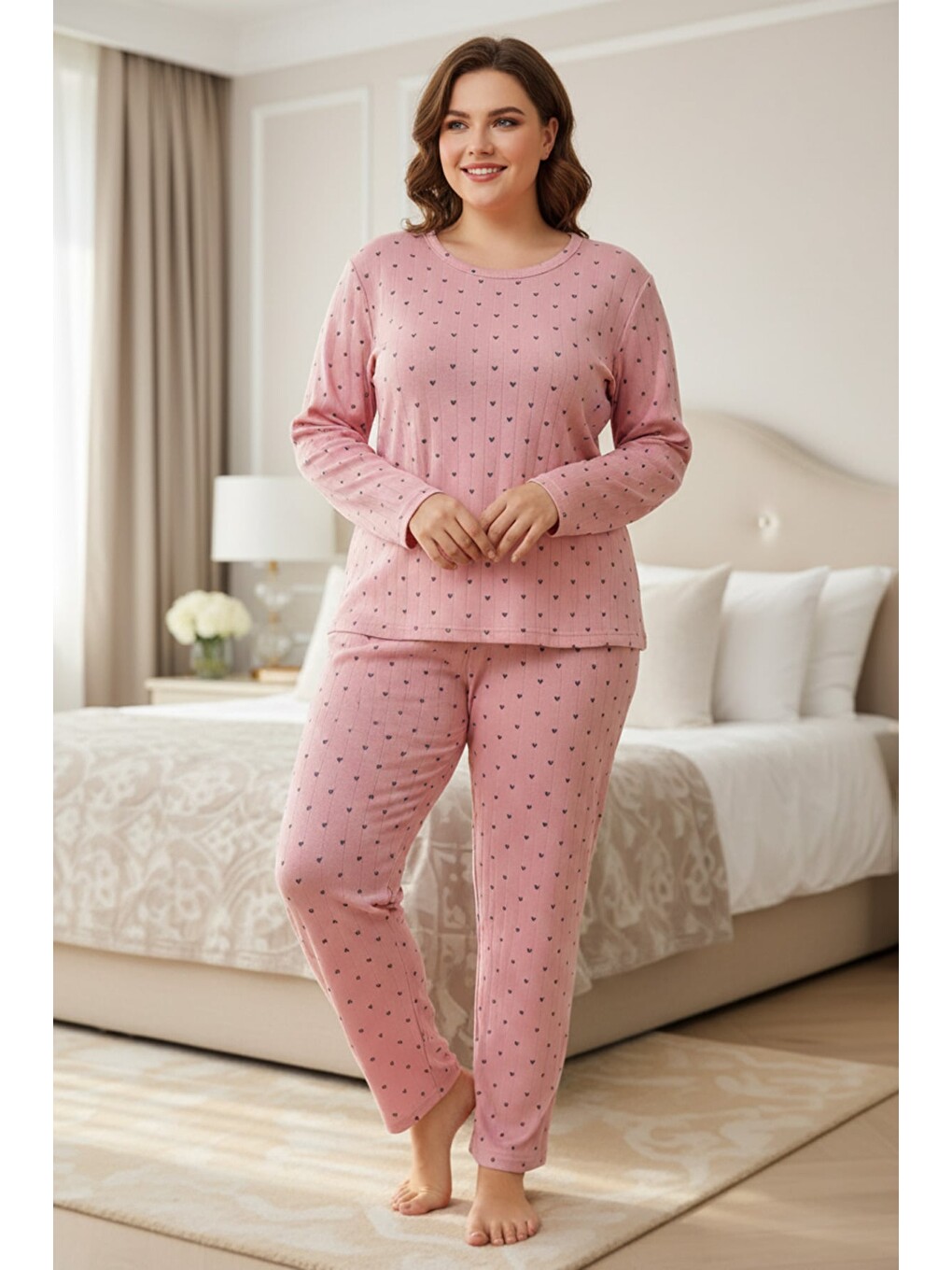 Pembe Büyük Beden Yıldız Desenli Pijama Takımı