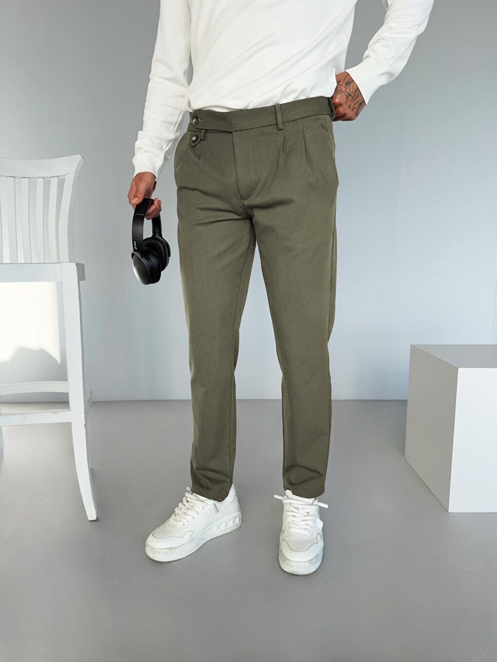 Pileli Kumaş Erkek Pantolon Haki