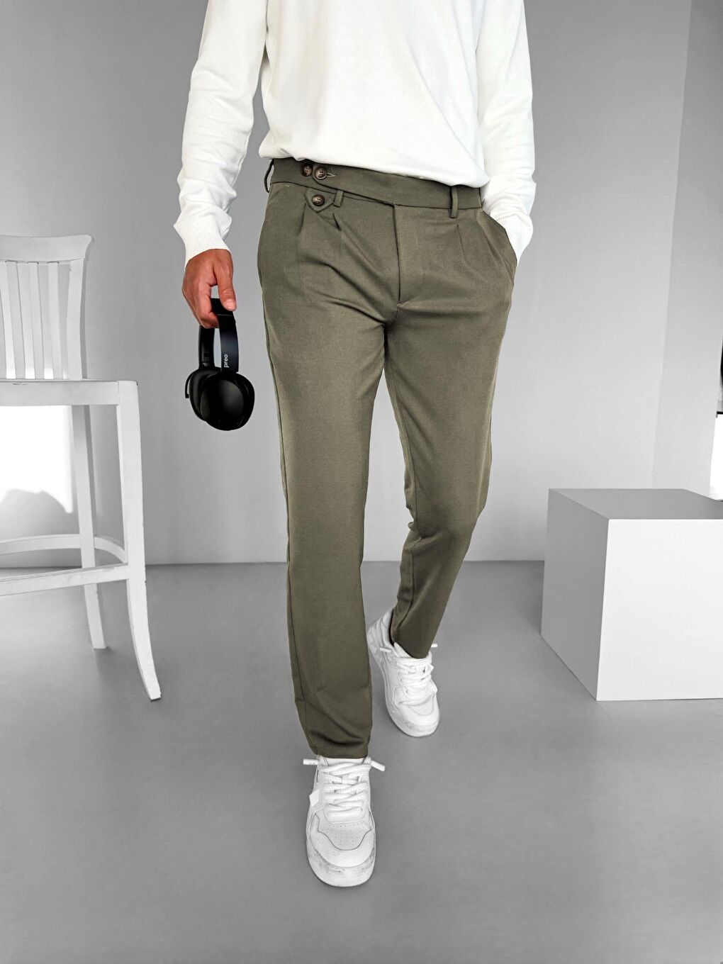 Pileli Kumaş Erkek Pantolon Haki-1