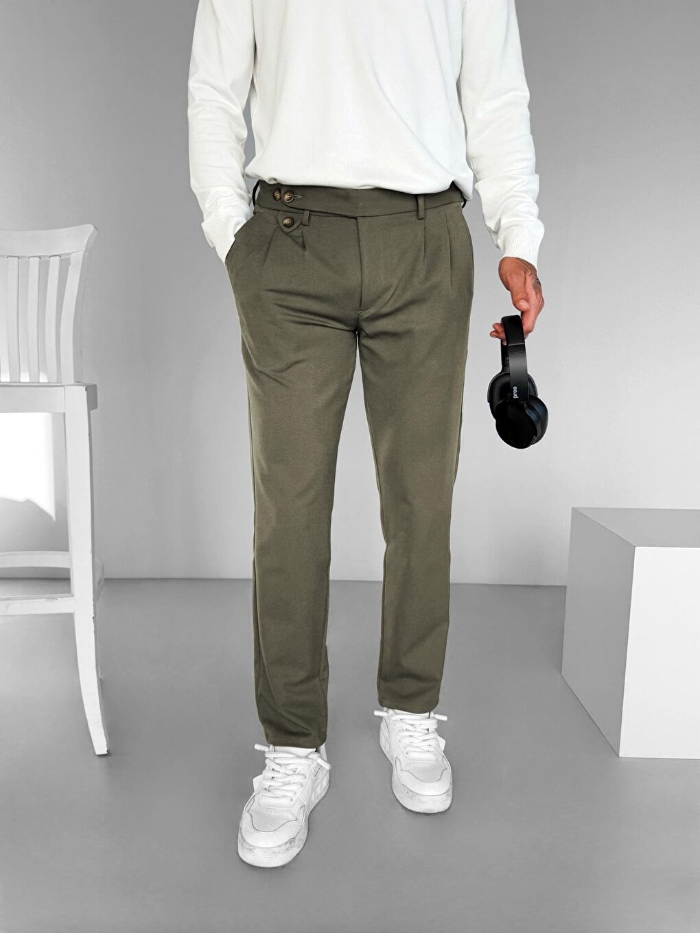 Pileli Kumaş Erkek Pantolon Haki-2