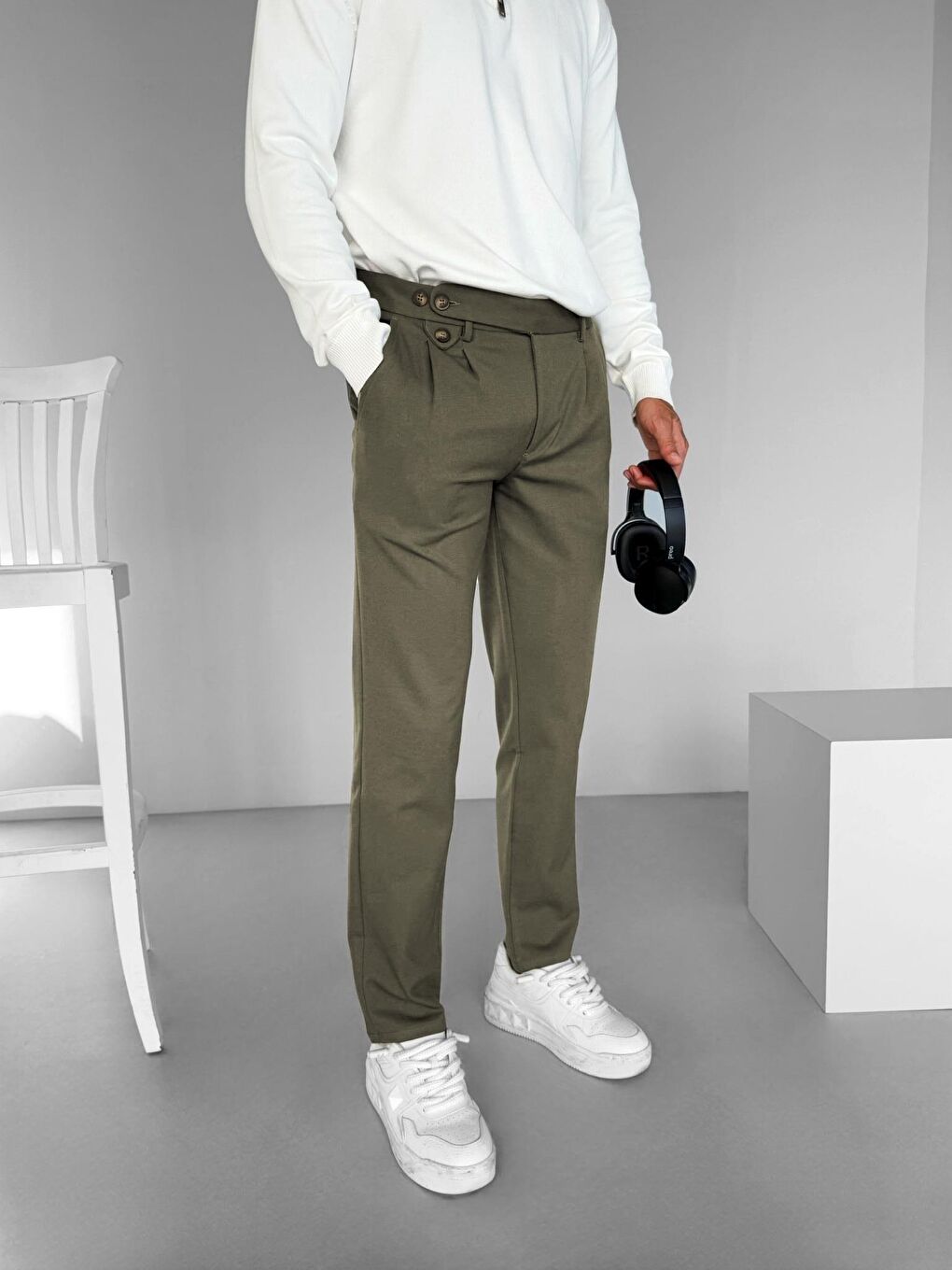 Pileli Kumaş Erkek Pantolon Haki-3