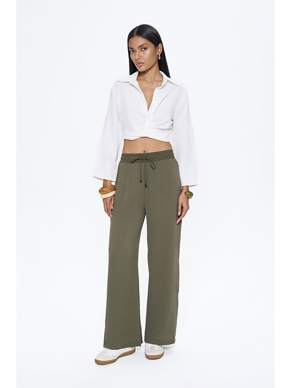 Beli Lastikli Bol Paça Pantolon Haki-3