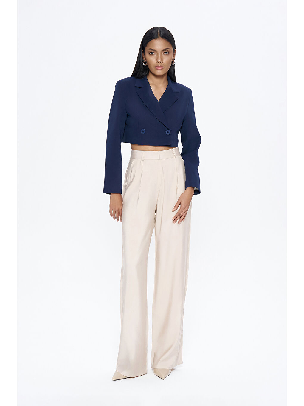 Kruvaze Crop Blazer Ceket Lacivert-2