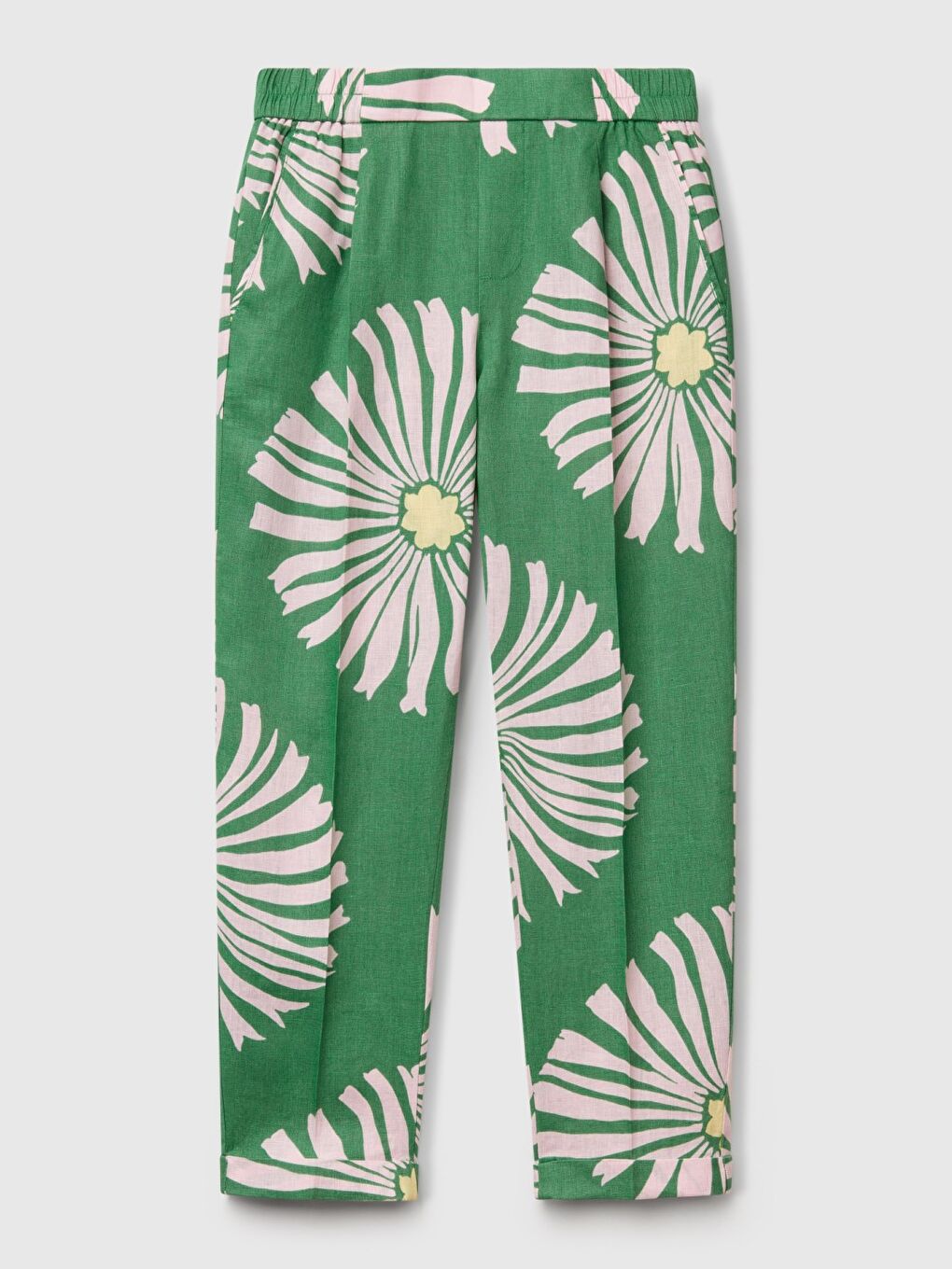 Kadın Yeşil %100 Keten Desenli Beli Lastikli Pantolon