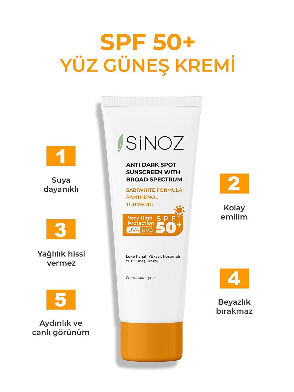 Sinoz SPF 50+ Yüksek Koruyucu Yüz Güneş Kremi 50 ml Normal ve Kuru Ciltler İçin - 1