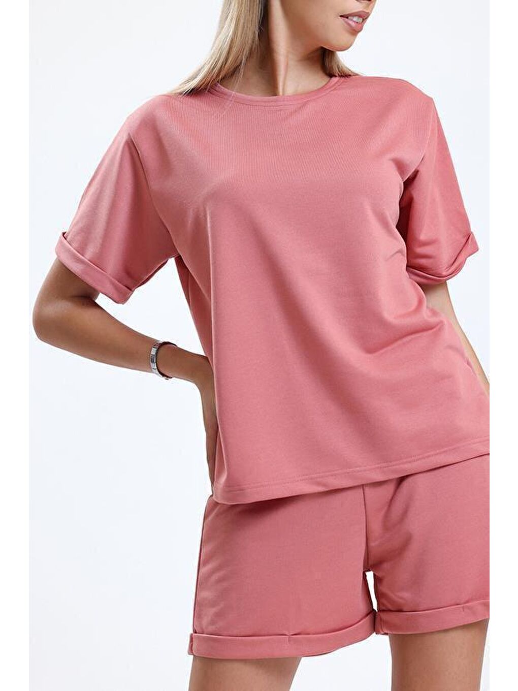 Pembe Bisiklet Yaka Kısa Kollu Şortlu Kadın Pijama Takımı-2