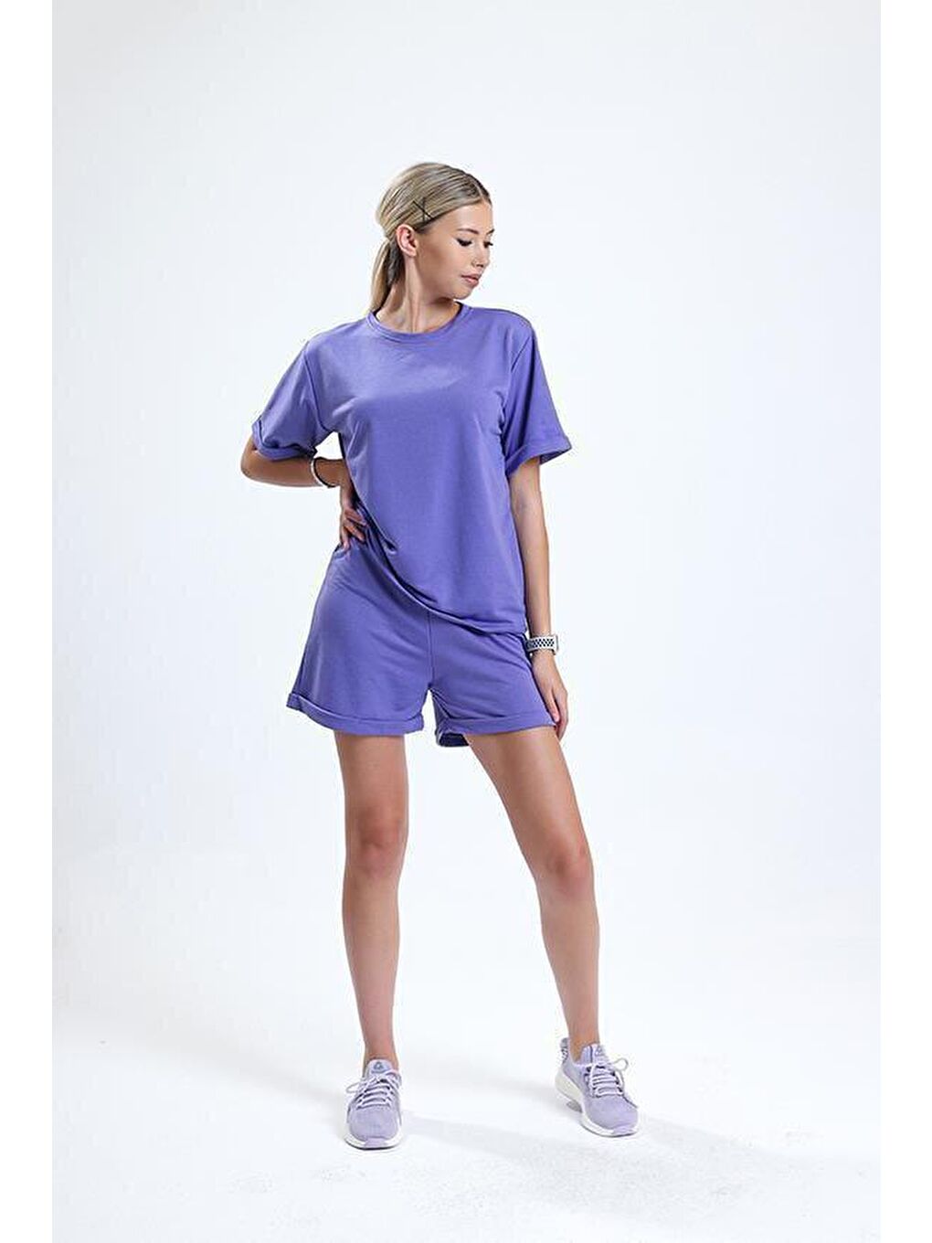 Mor Bisiklet Yaka Kısa Kollu Şortlu Kadın Pijama Takımı
