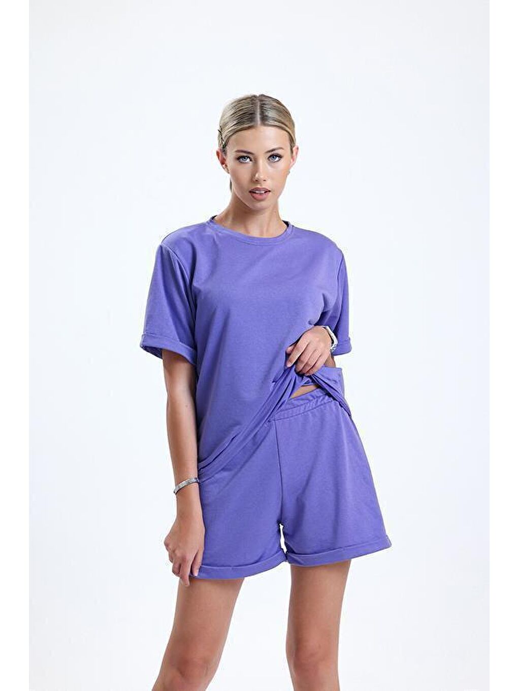 Mor Bisiklet Yaka Kısa Kollu Şortlu Kadın Pijama Takımı-1