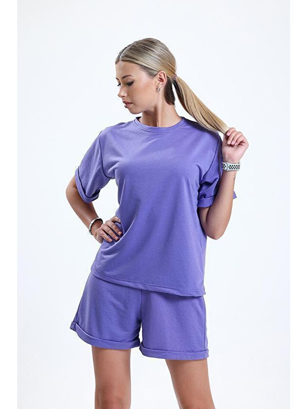 Mor Bisiklet Yaka Kısa Kollu Şortlu Kadın Pijama Takımı-2