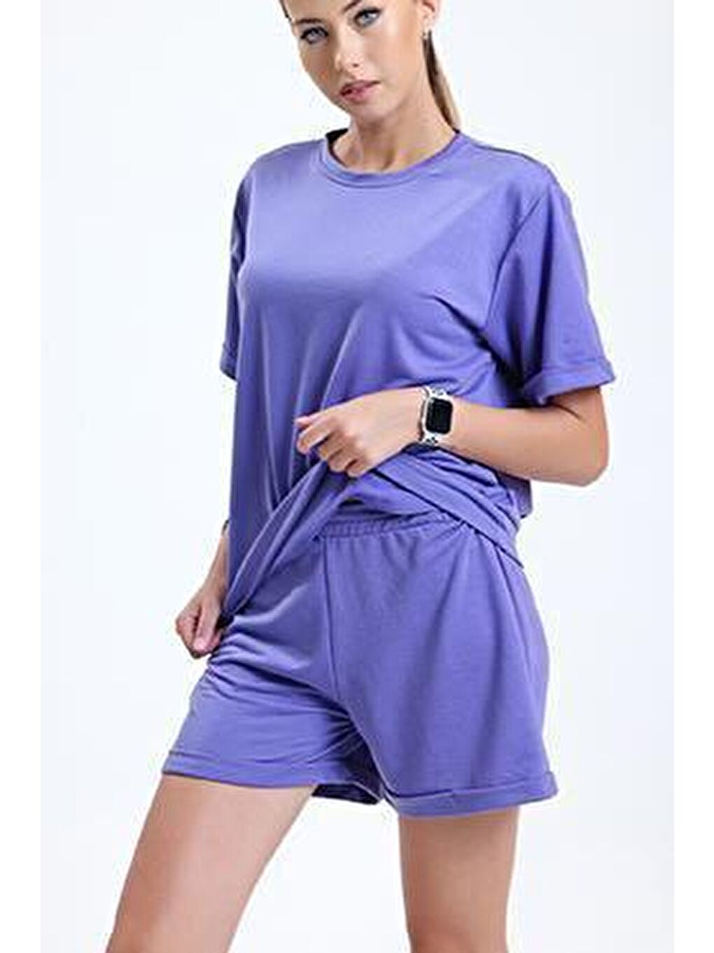 Mor Bisiklet Yaka Kısa Kollu Şortlu Kadın Pijama Takımı-3