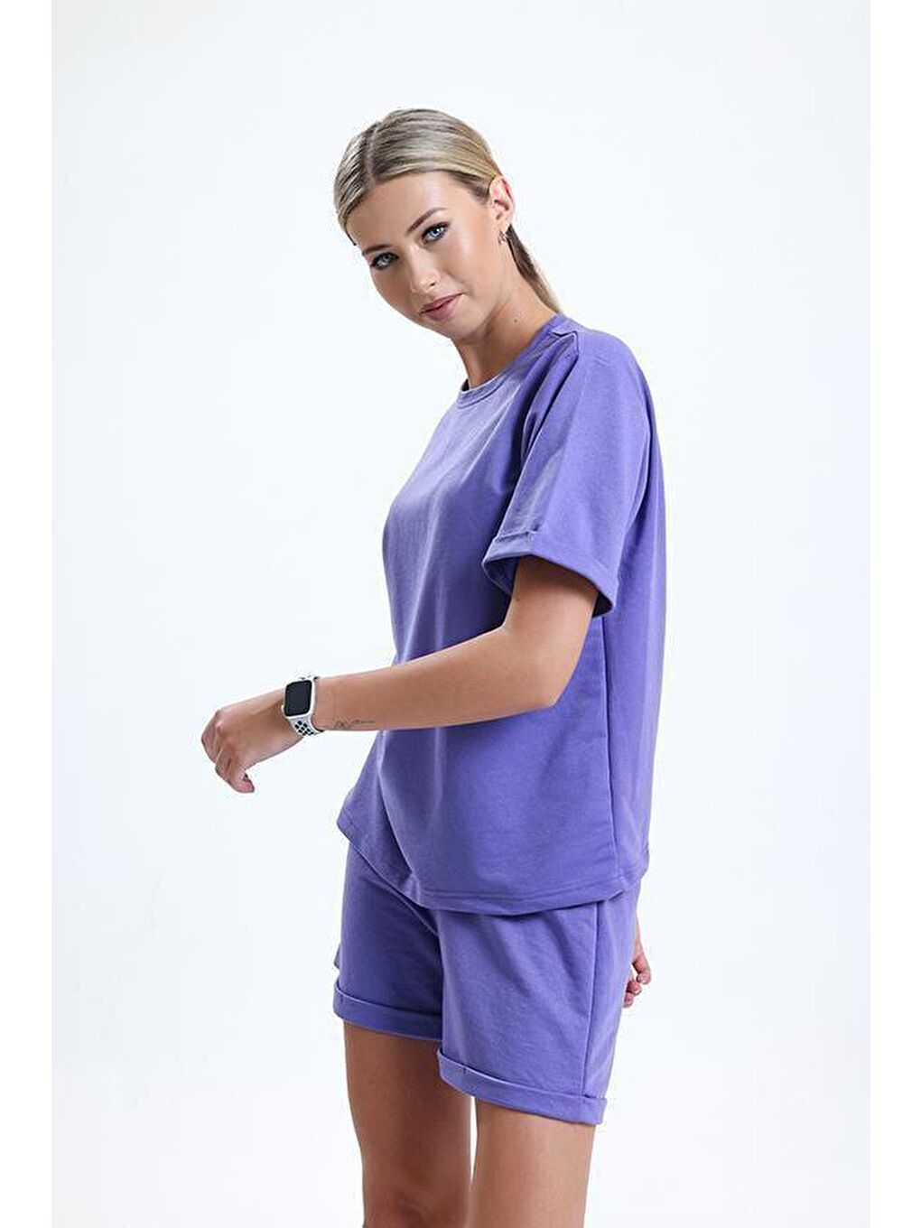 Mor Bisiklet Yaka Kısa Kollu Şortlu Kadın Pijama Takımı-4