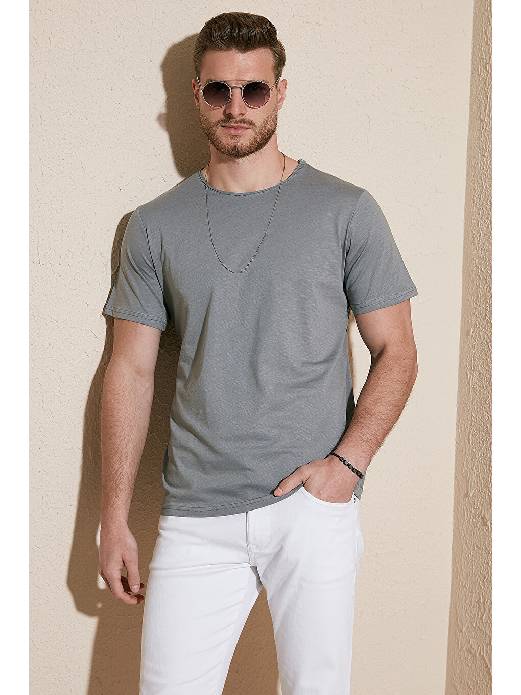 Haki Bisiklet Yaka %100 Pamuk Slim Fit Basic Tişört 59020001