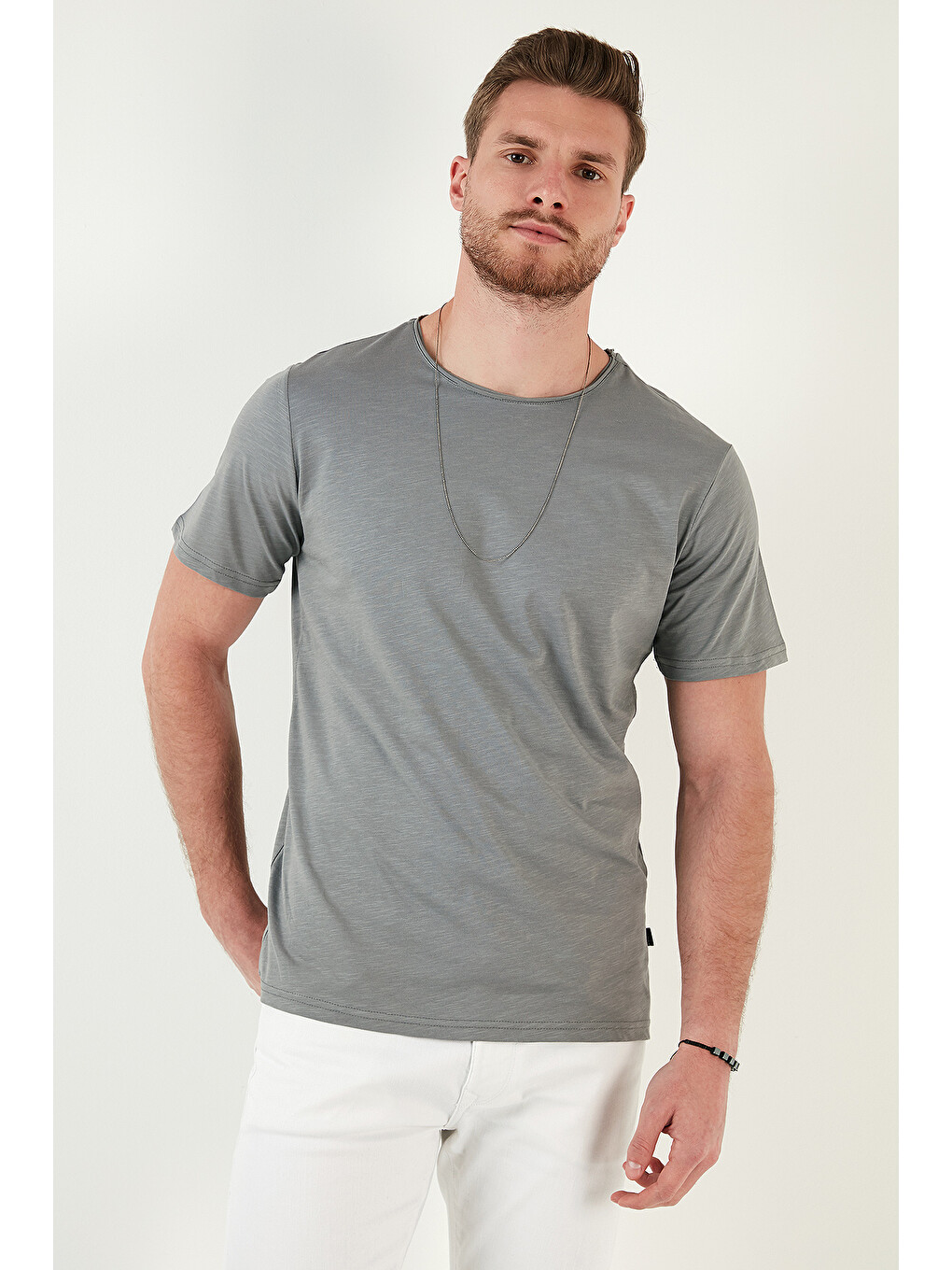 Haki Bisiklet Yaka %100 Pamuk Slim Fit Basic Tişört 59020001-1