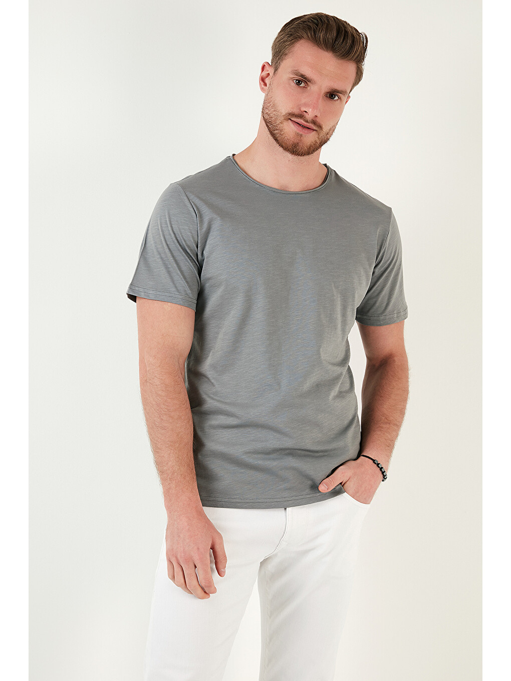 Haki Bisiklet Yaka %100 Pamuk Slim Fit Basic Tişört 59020001-2