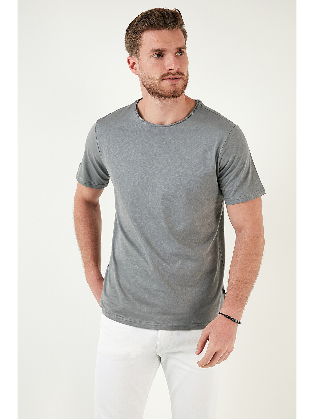 Haki Bisiklet Yaka %100 Pamuk Slim Fit Basic Tişört 59020001-3