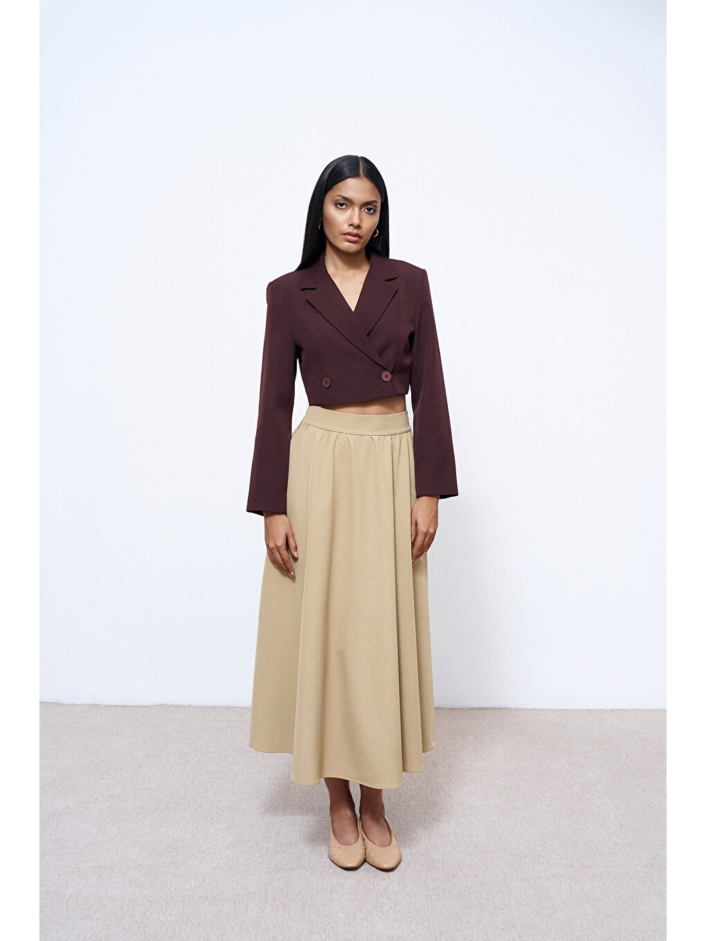 Kruvaze Crop Blazer Ceket Kahverengi