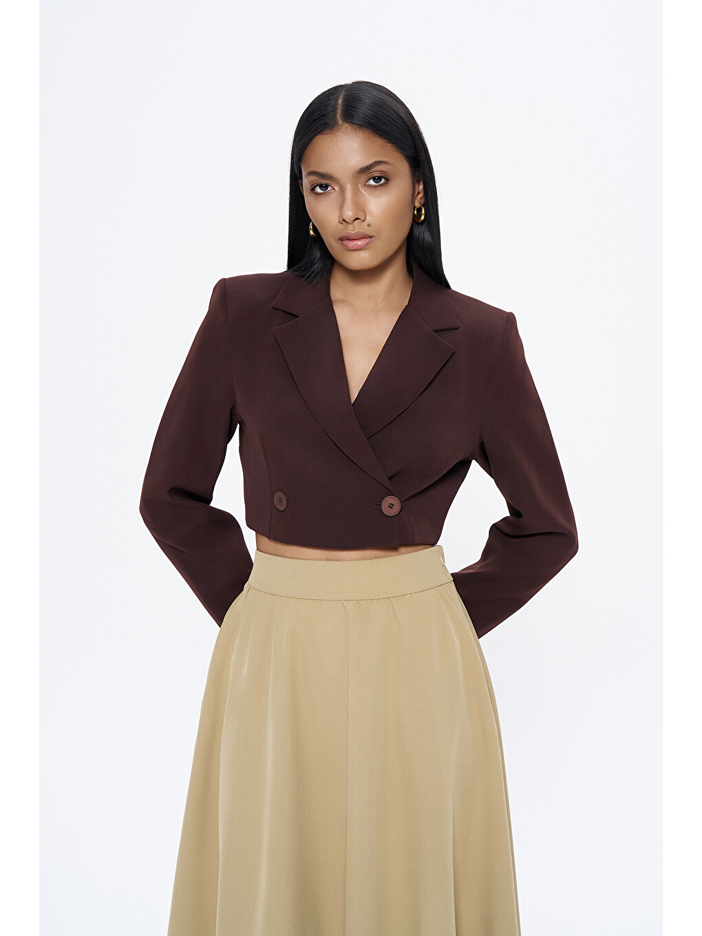 Kruvaze Crop Blazer Ceket Kahverengi-2