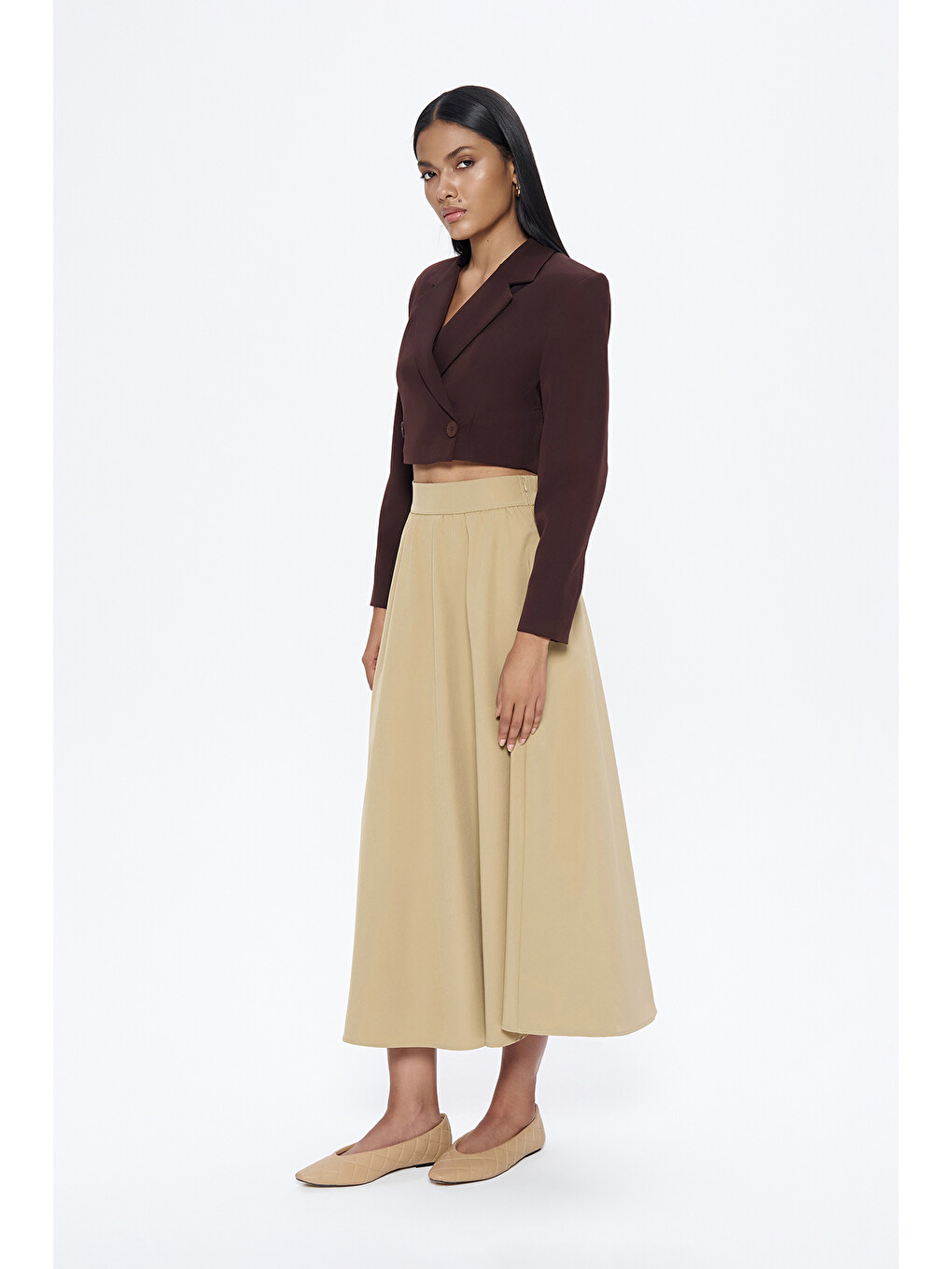 Kruvaze Crop Blazer Ceket Kahverengi-3