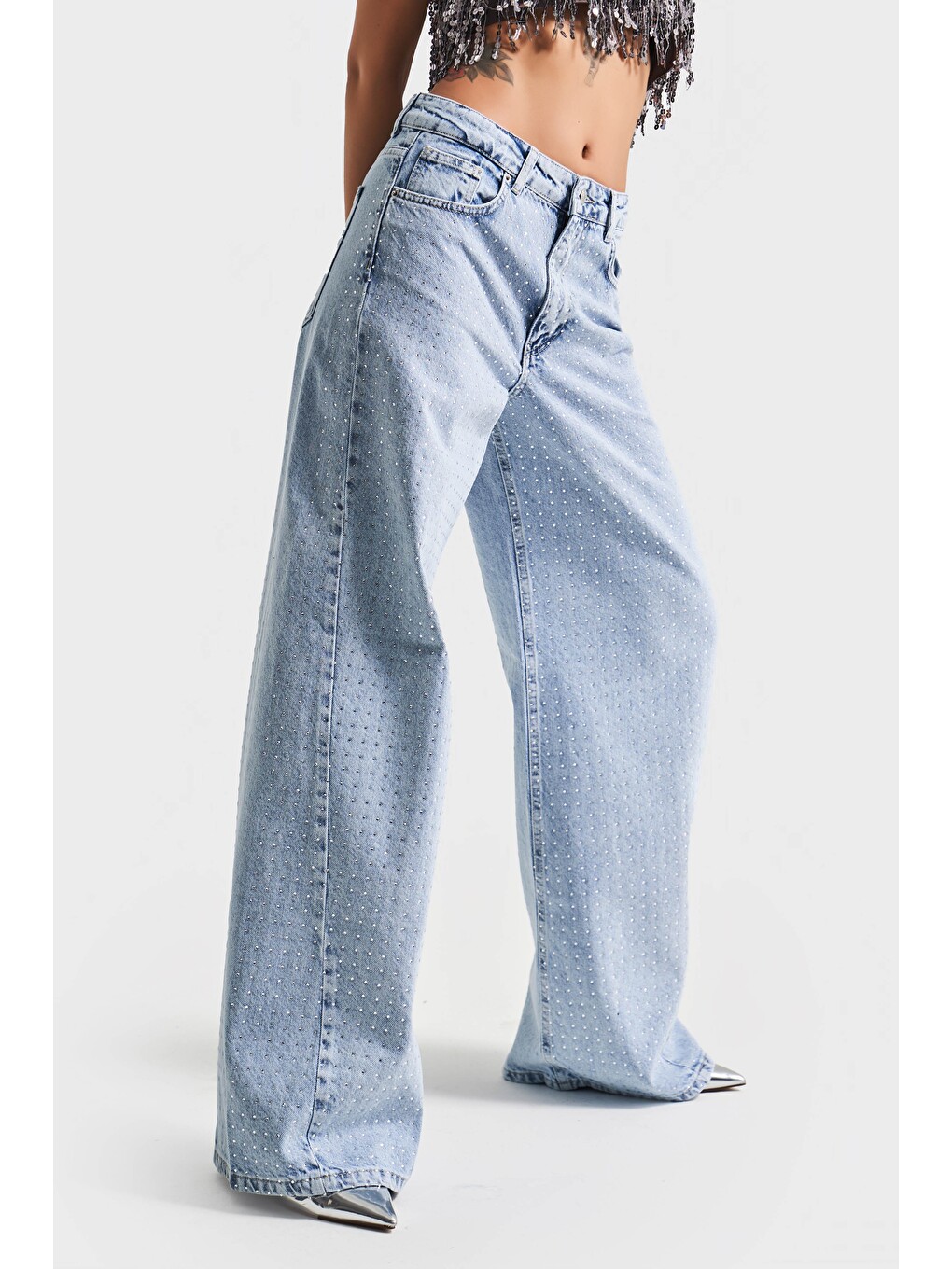 Kadın Mavi Renk Önü Ful Parlak Taşlı Palazzo Fit Denim Jean-1