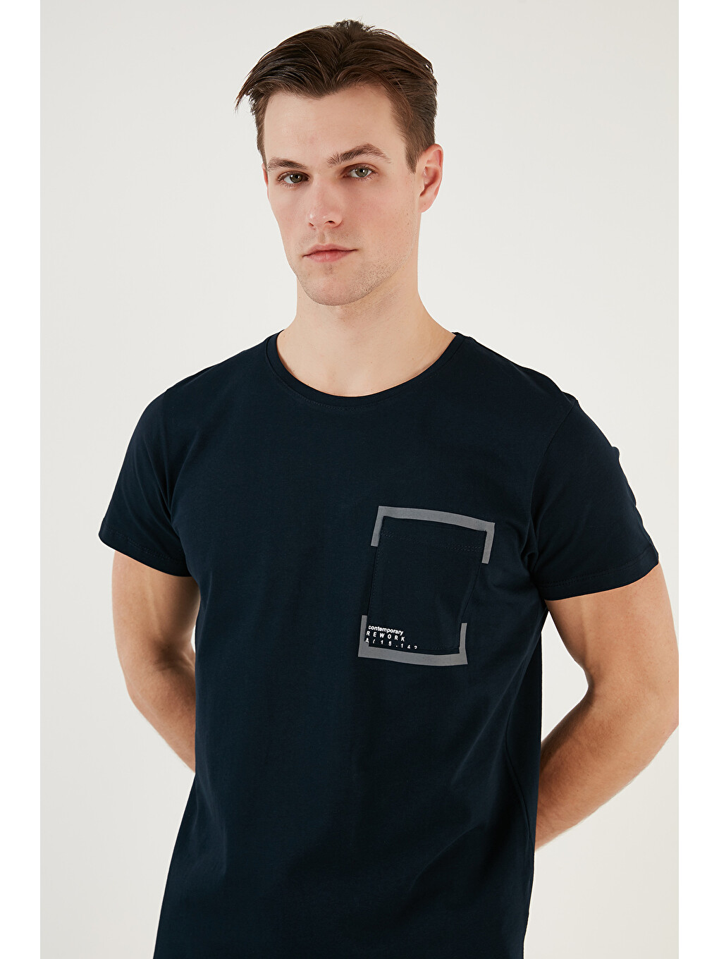 Lacivert Bisiklet Yaka % 100 Pamuklu Slim Fit Erkek T Shirt 541rework-3