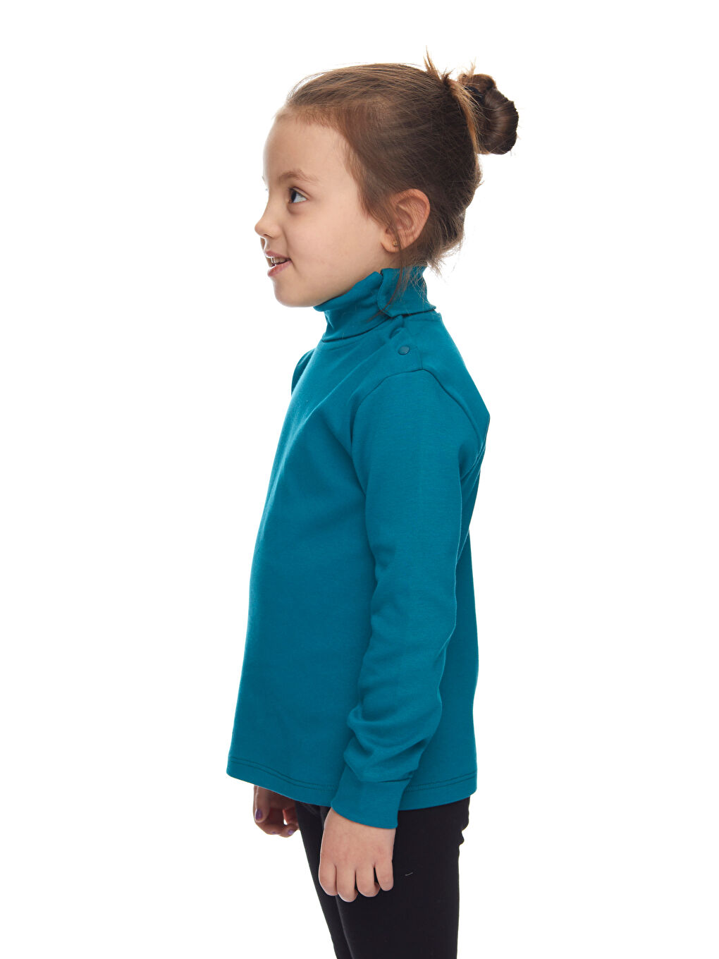 Koyu Petrol Kız Çocuk Tam Balıkçı Uzun Kol Çıtçıtlı Tişört-1