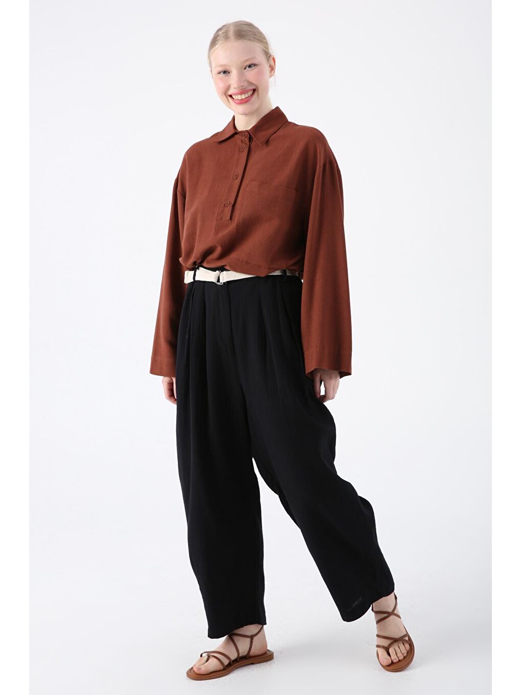 Siyah %100 Pamuk Kemerli Beli Lastikli Bol Şalvar Pantolon