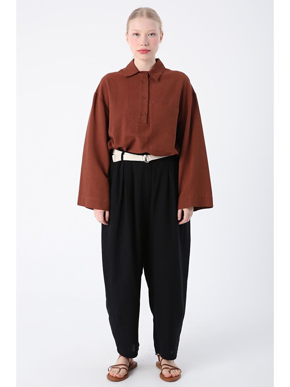 Siyah %100 Pamuk Kemerli Beli Lastikli Bol Şalvar Pantolon-1