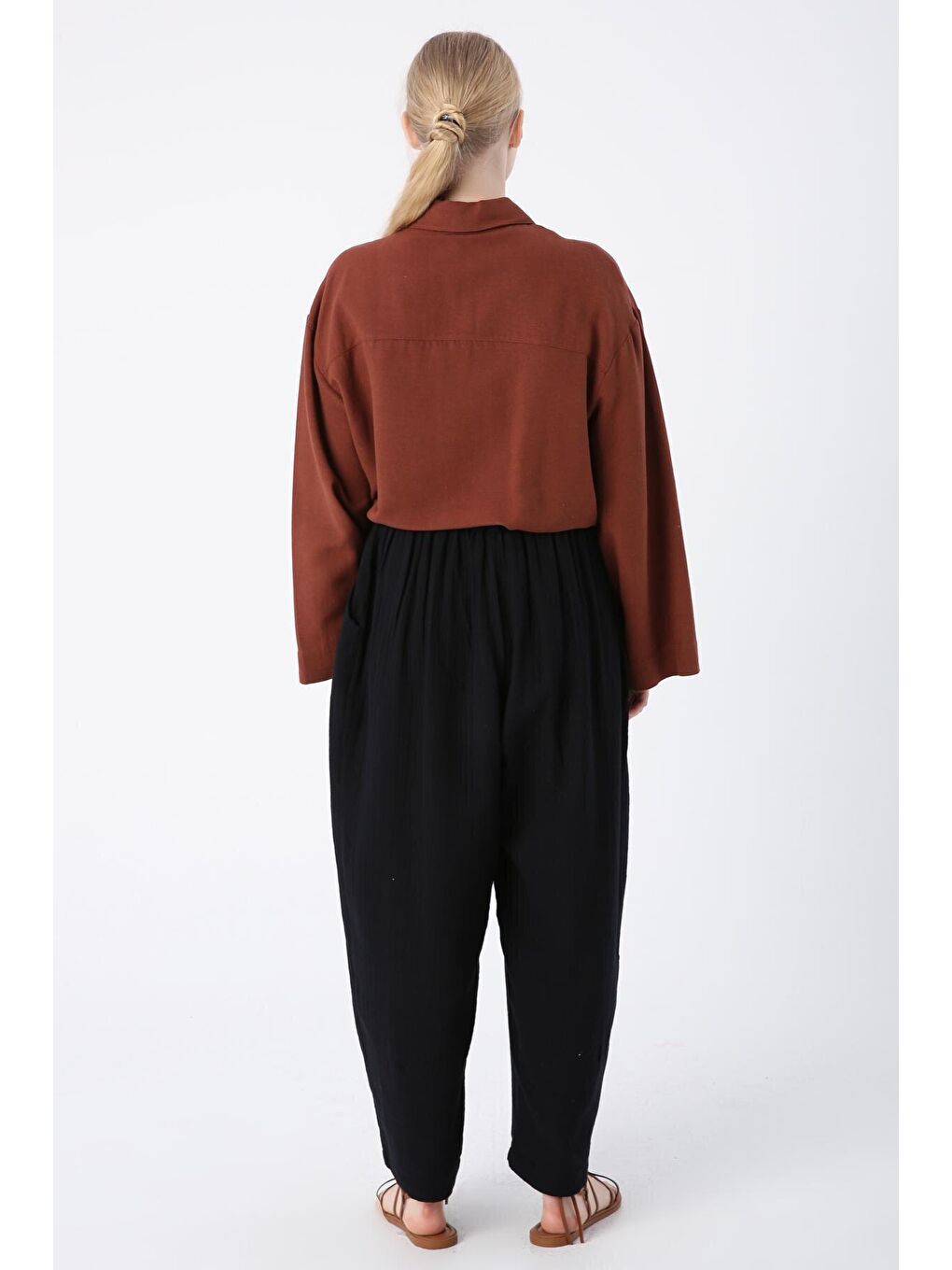 Siyah %100 Pamuk Kemerli Beli Lastikli Bol Şalvar Pantolon-3