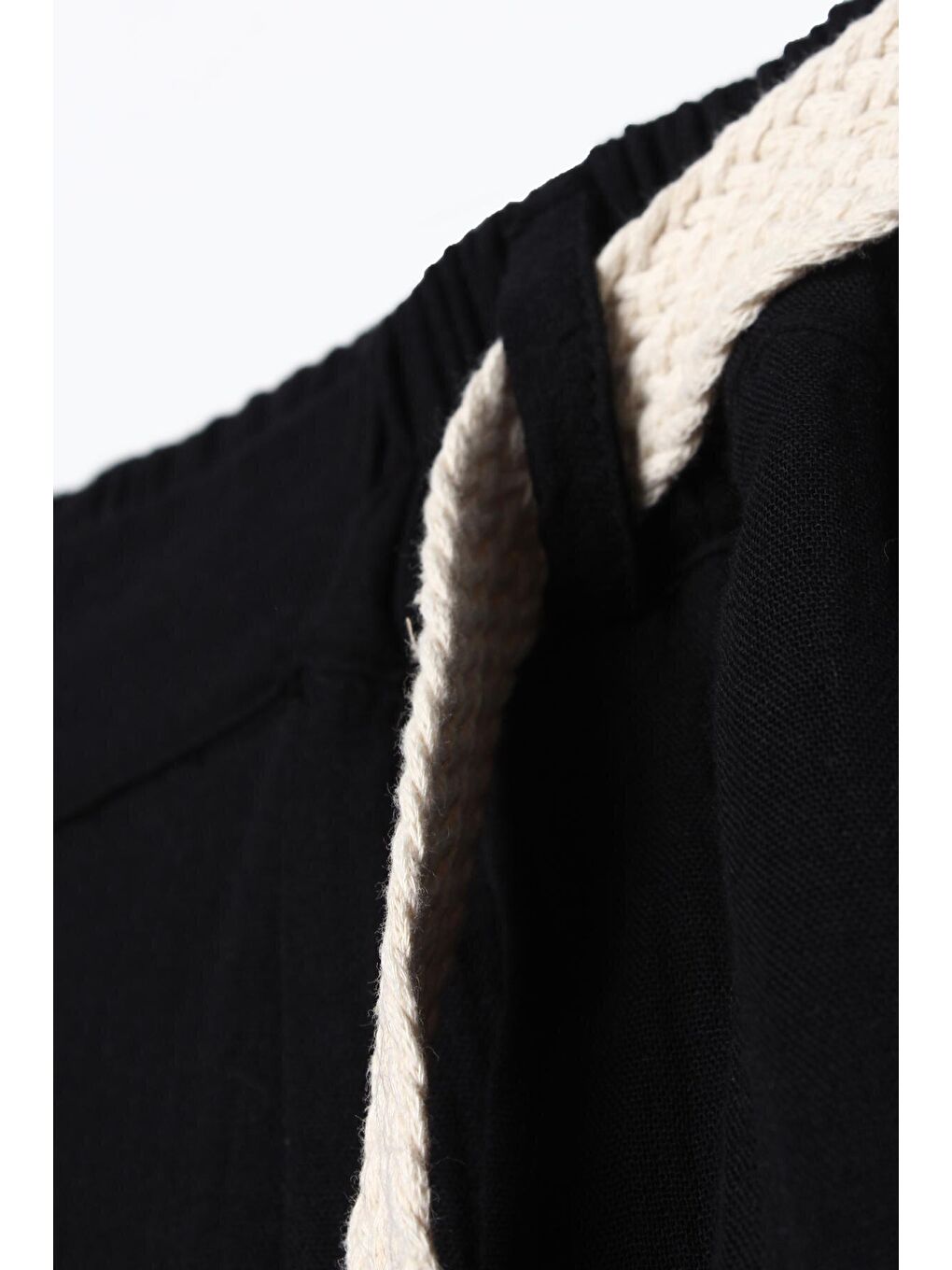 Siyah %100 Pamuk Kemerli Beli Lastikli Bol Şalvar Pantolon-4