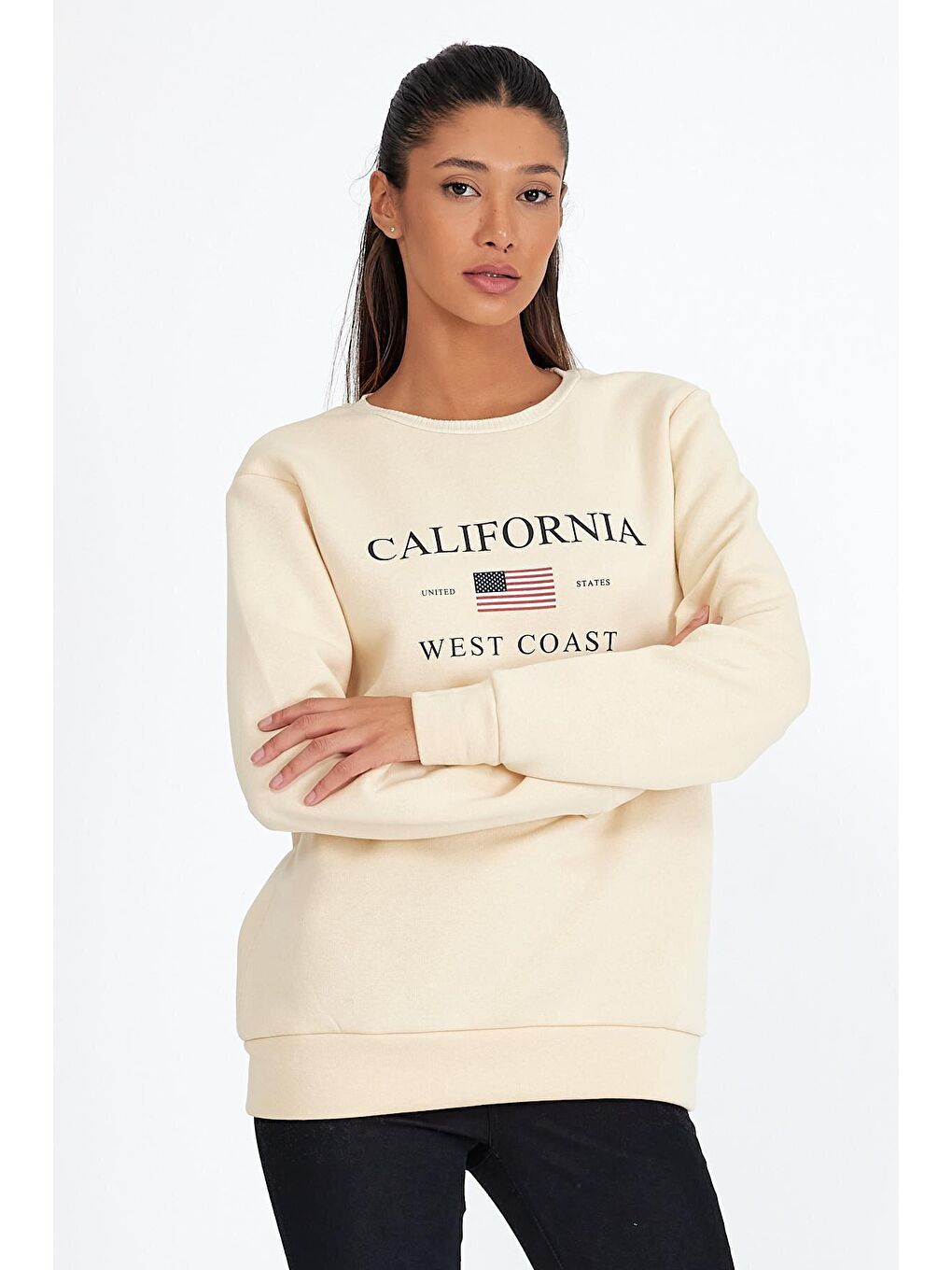 Bej Kadın Bisiklet Yaka Rahat Kalıp İçi Polarlı 3 iplik Amerikan Baskılı Swetashırt spr24swk26-1