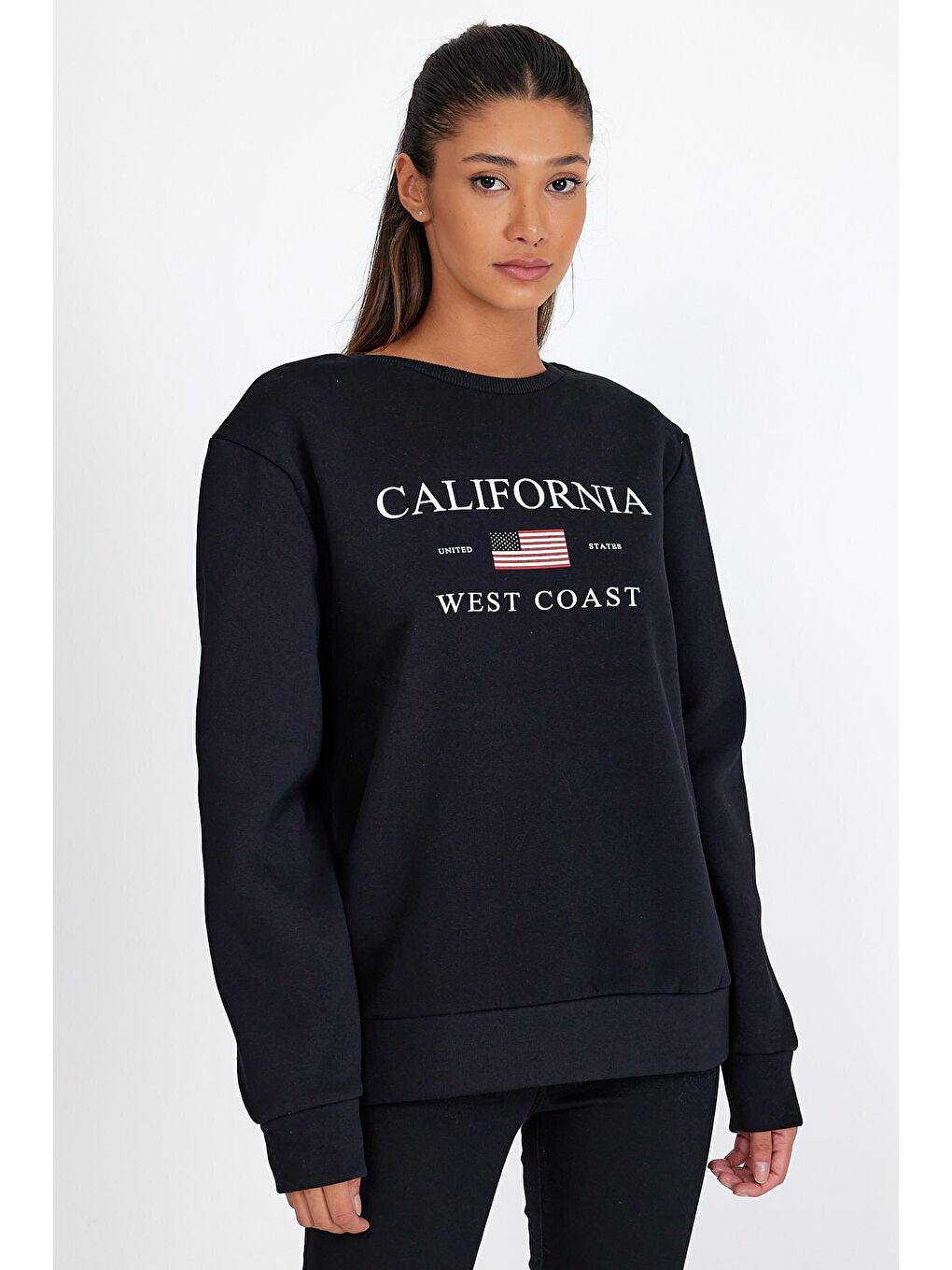 Siyah Kadın Bisiklet Yaka Rahat Kalıp İçi Polarlı 3 iplik Amerikan Baskılı Swetashırt spr24swk26-2